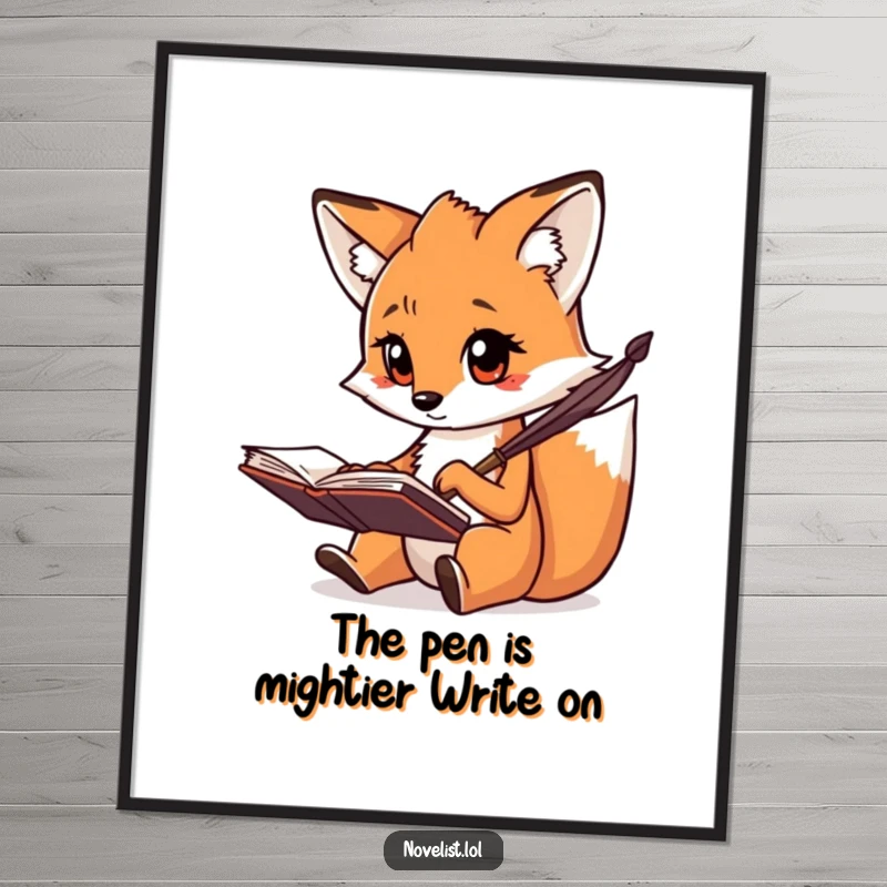 Funny Free Printable Wall Art: A creative fox intently scribbling notes with a quill, embodying focused ingenuity and humor.