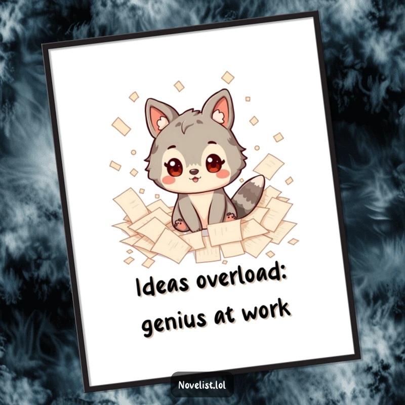 Funny Free Printable Wall Art: An animal character is engrossed in thought, surrounded by a productive scatter of papers.