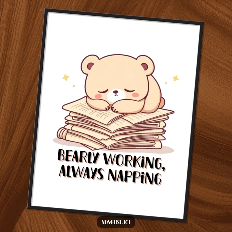 Funny Free Printable Wall Art: A very sleepy bear character deeply asleep on a large, messy pile of manuscript papers, bringing calm humor.