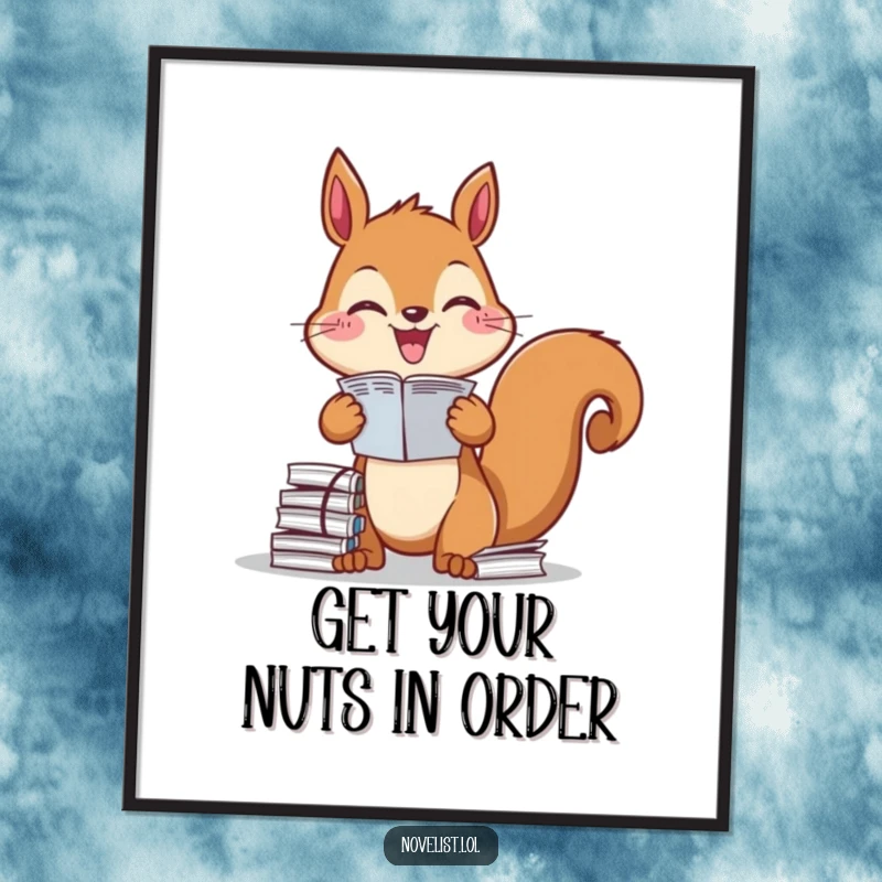 Funny free printable wall art of a squirrel energetically and happily organizing piles of papers with great glee.