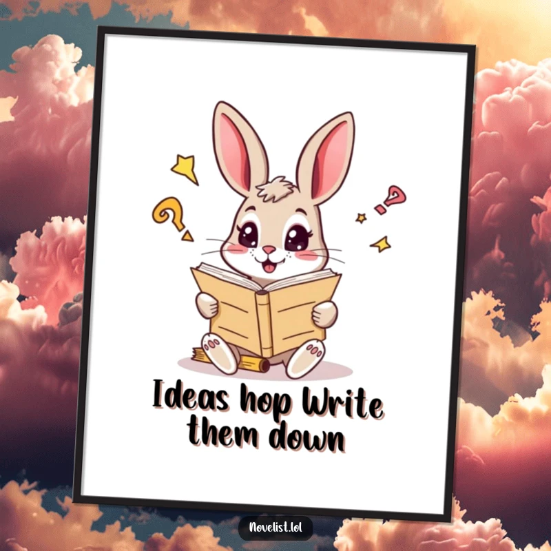 Funny Free Printable Wall Art: A curious rabbit engrossed in a giant manuscript, eyes sparkling with imaginative ideas.