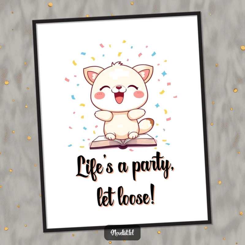 Free Printable Wall Art: A delighted whimsical animal gleefully throws pages like confetti, creating a fun, chaotic scene.