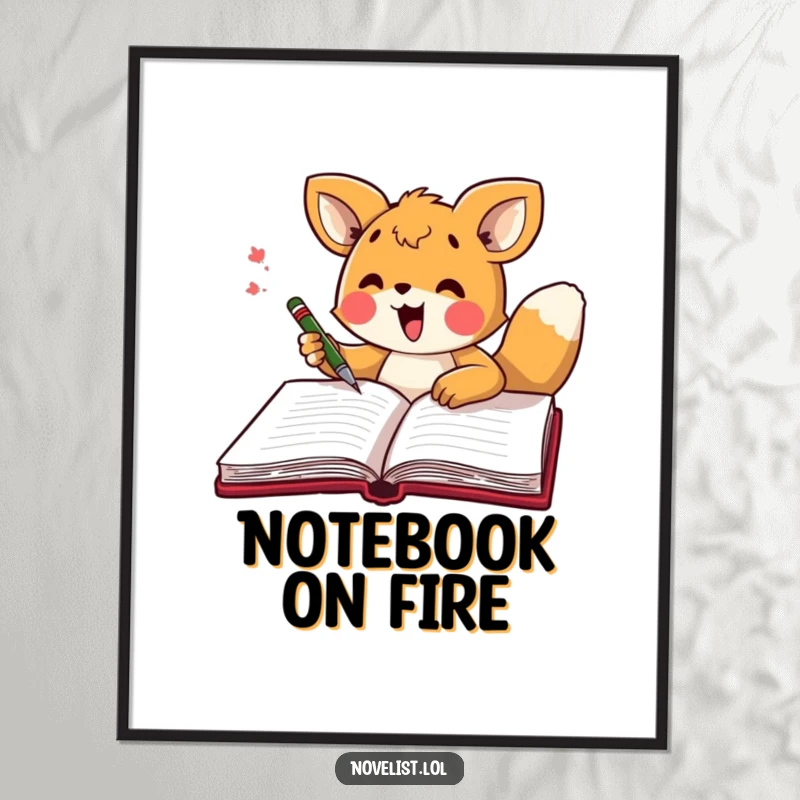 Funny Free Printable Wall Art: An animal character is depicted excitedly filling a large notebook with scribbles and doodles.