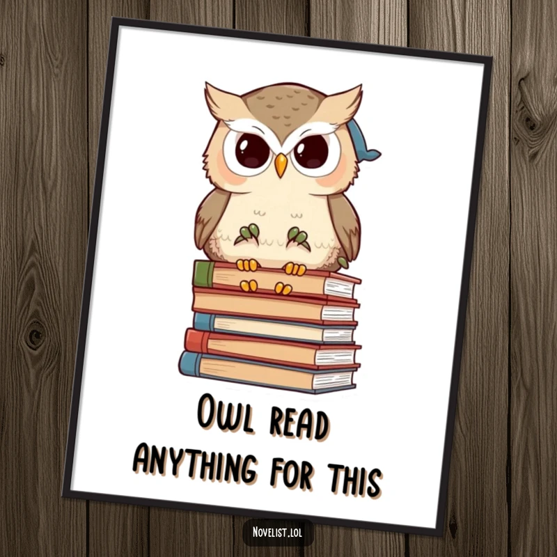 Funny Free Printable Wall Art: Wise owl with spectacles gazing at a towering stack of books in a cozy library.