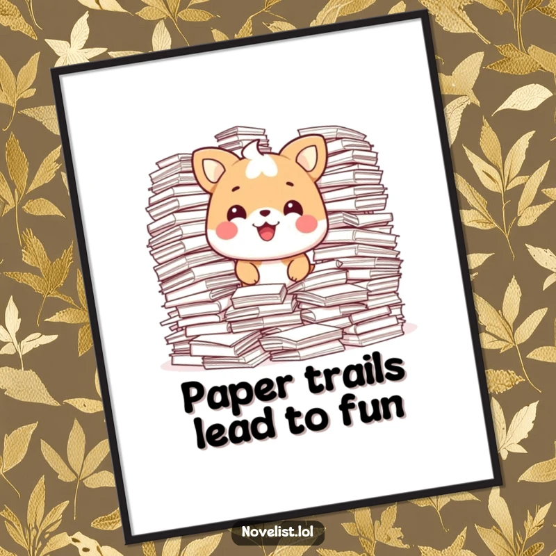 Funny Free Printable Wall Art of a happy animal character looking pleased and content, surrounded by towering, overflowing stacks of paper.