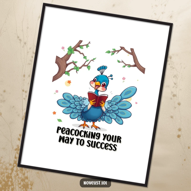 Funny Free Printable Wall Art depicting a dramatic peacock character passionately acting out a scene from a novel.