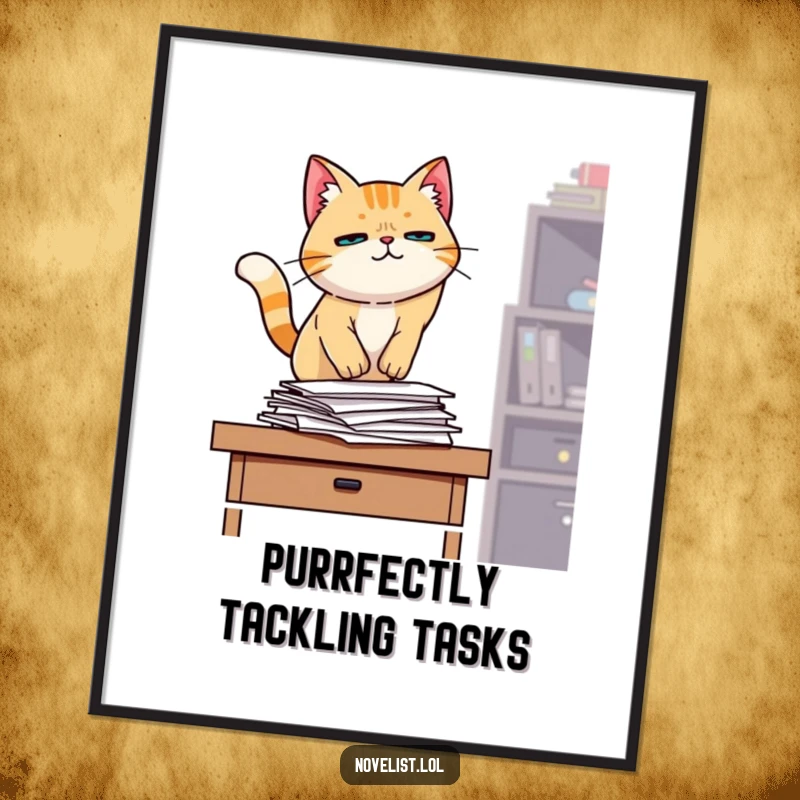 Funny free printable wall art of a determined cat character jumping onto a desk, ready to conquer tasks.