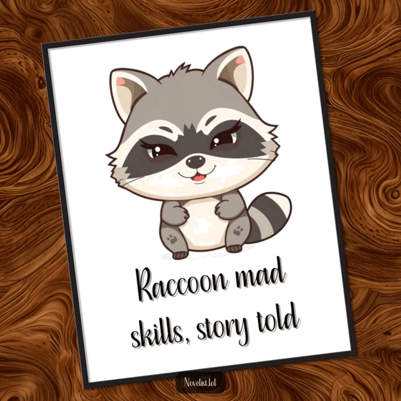 Funny Free Printable Wall Art of a witty raccoon character typing a secret story with a mischievous wink.