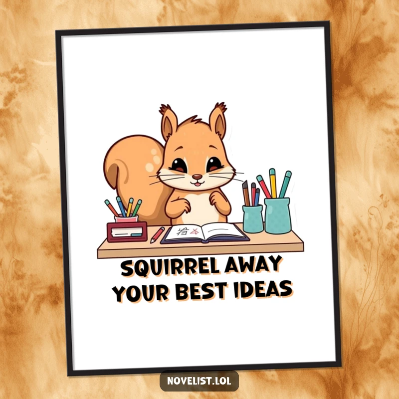 Funny Free Printable Wall Art: A focused squirrel character diligently arranging pens, pencils, and other writing tools neatly on a desk.