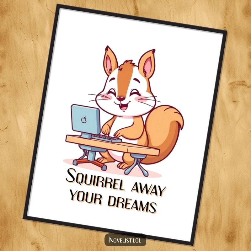 Funny free printable wall art shows a cheerful squirrel intensely typing with incredible speed at a comically small desk, full of focus.