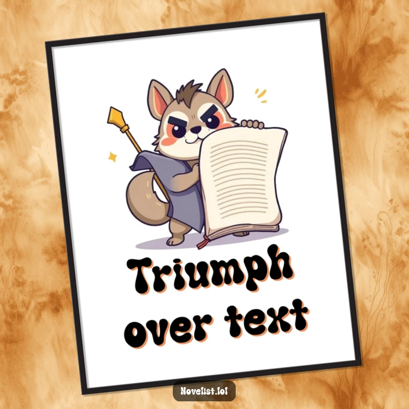Funny Free Printable Wall Art: A determined animal character triumphantly wrestling a giant manuscript, embodying the spirit of overcoming challenges.