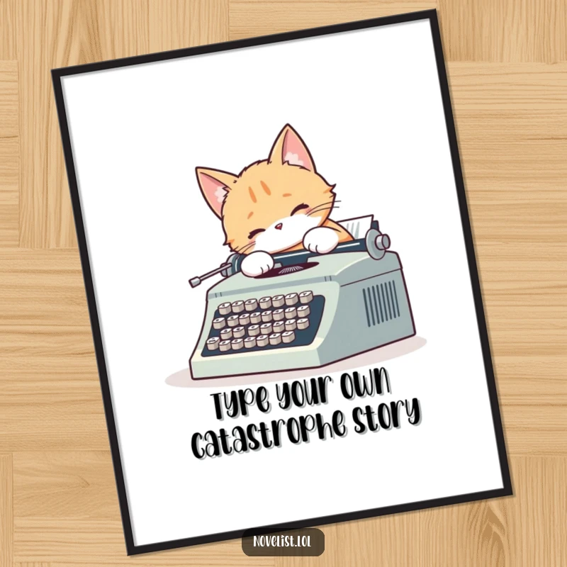 Funny free printable wall art: A cute cat intently types on a vintage typewriter, its fluffy tail wagging, embodying a dedicated and whimsical writer.