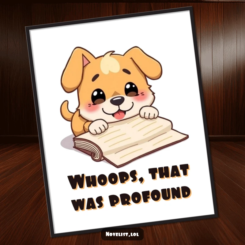 Funny Free Printable Wall Art: Dog tripping over manuscript, surprised grin, comical scene, downloadable decor.