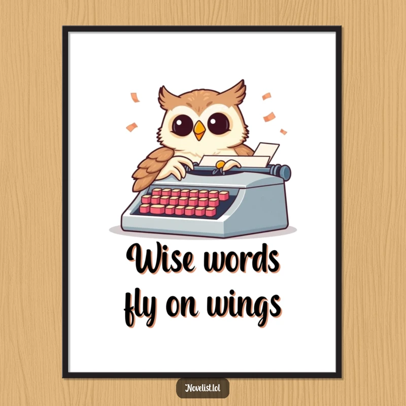 Funny Free Printable Wall Art: A wise owl pecking furiously at a typewriter, embodying literary genius and humor.