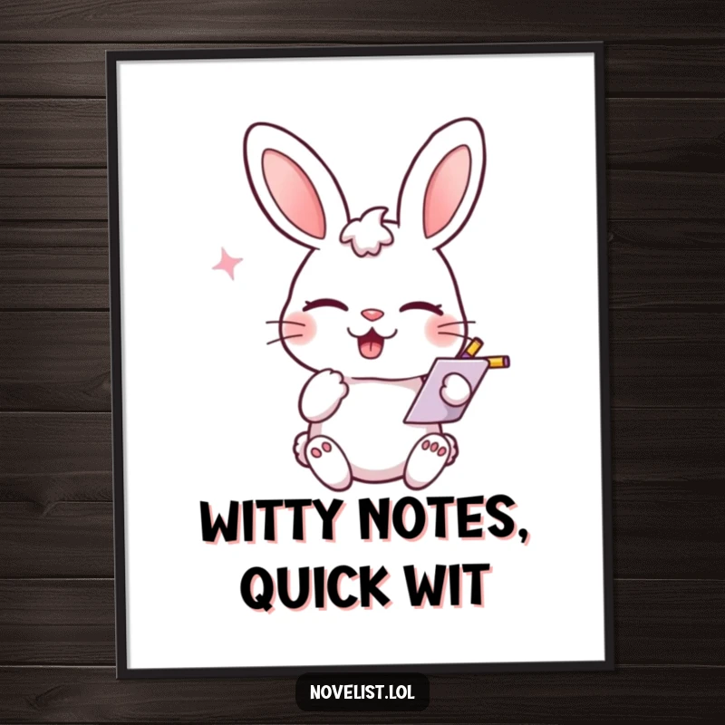 Funny free printable wall art of a rabbit character winking and scribbling notes with a playful smirk, adding charm.