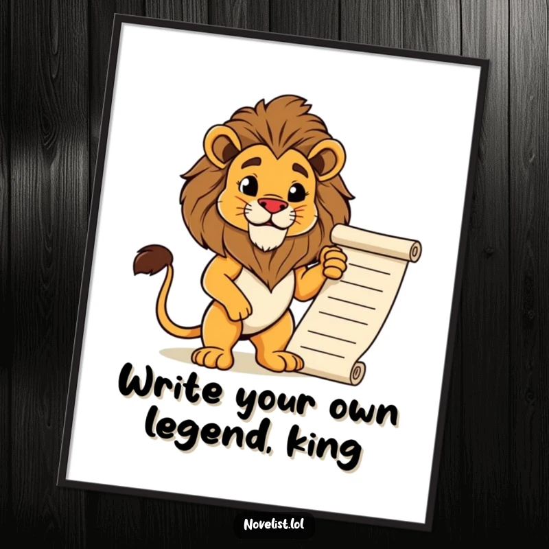 Funny Free Printable Wall Art: A proud lion character striking a majestic pose next to a beautifully detailed, flowing manuscript.