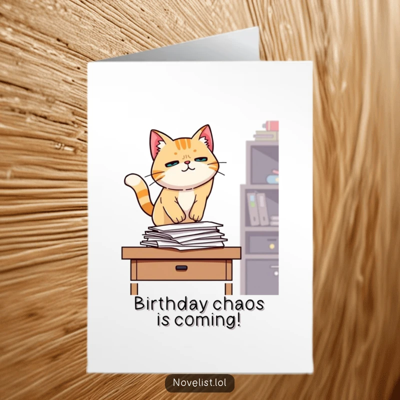 Funny free printable birthday card featuring a determined cat character jumping onto a desk, ready to tackle anything.