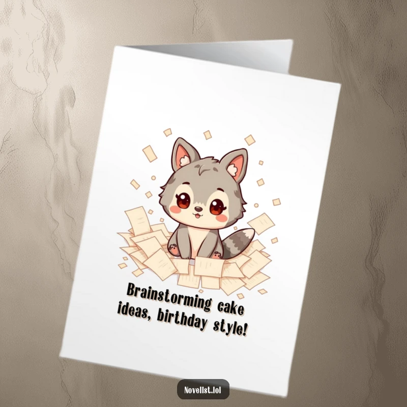 Funny Free Printable Birthday Card: An animal character sits amidst scattered papers, looking creatively inspired and thoughtful.