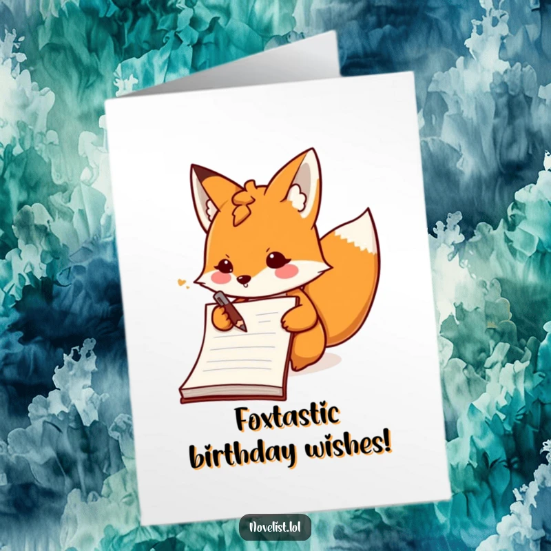Funny Free Printable Birthday Card: Determined fox rapidly scribbling notes in a giant open notebook, celebrating festively.