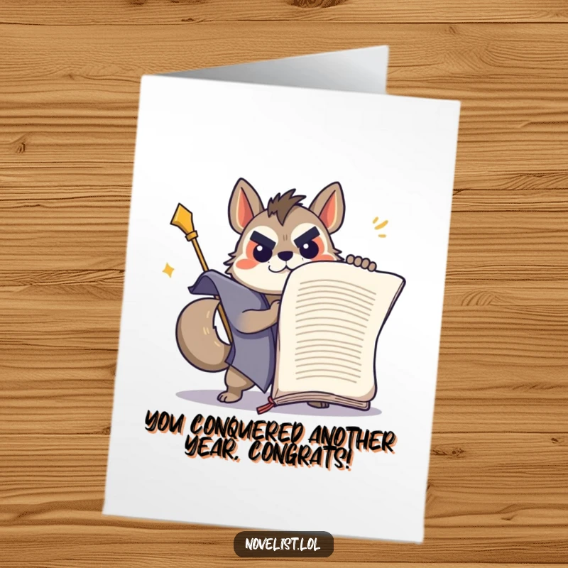 Funny Free Printable Birthday Card: Determined animal character triumphantly wrestling a giant manuscript, celebrating a birthday achievement with gusto.