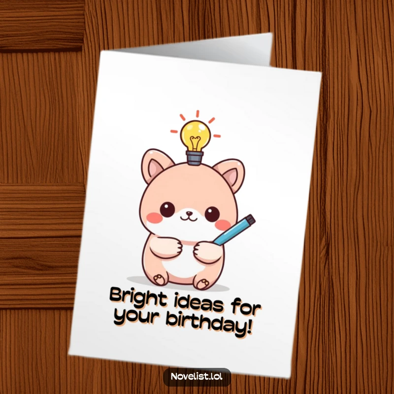 Funny Free Printable Birthday Card: Kawaii animal with a lightbulb, holding a pen, symbolizing a bright idea.