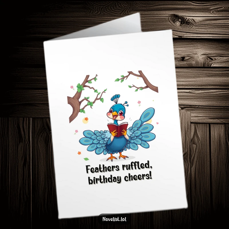 Funny Free Printable Birthday Card of a dramatic peacock character performing an expressive scene from a novel with flair.