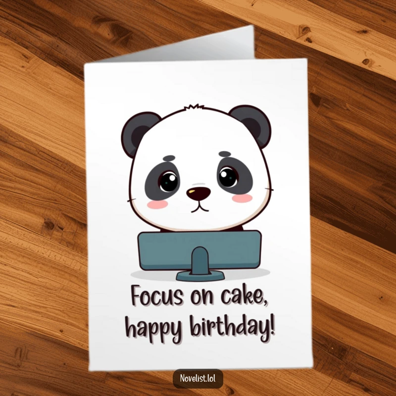 Funny free printable birthday card: a concentrated panda stares intently at a blinking cursor on a computer screen, perfect for the dedicated.