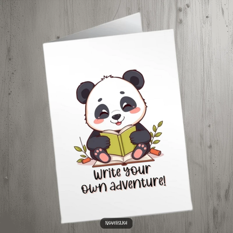 Funny Free Printable birthday card: A content panda smiles while writing a story, perfect for book lovers.