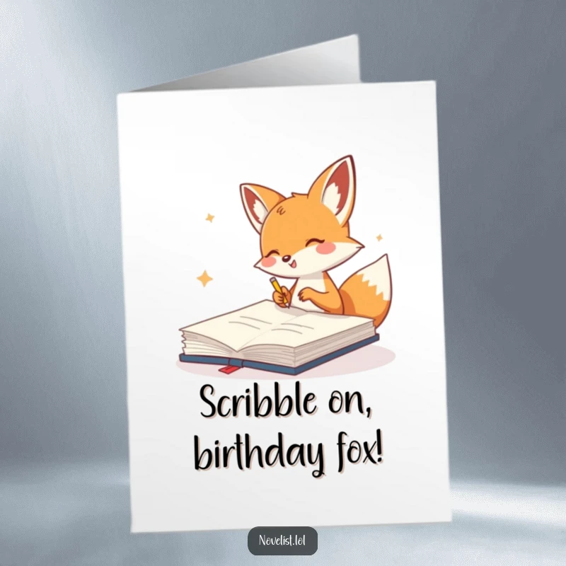 Funny Free Printable Birthday Card: A cute fox gleefully scribbles in a giant notebook, celebrating your special day!