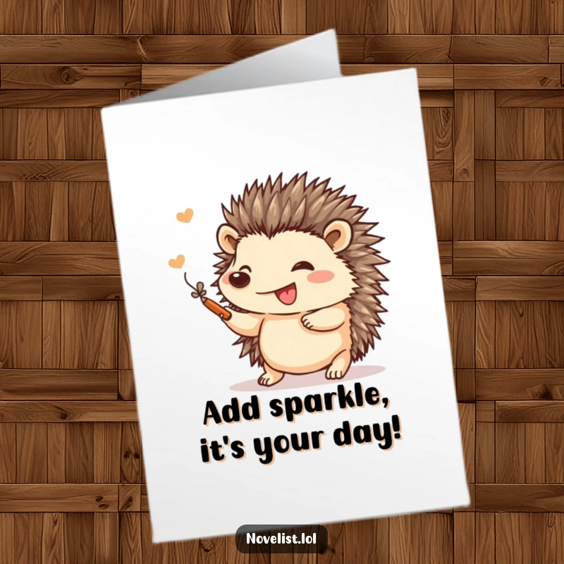 Funny Free Printable Birthday Card: Small hedgehog happily adding a decorative flourish to a drawing with a tiny pen.