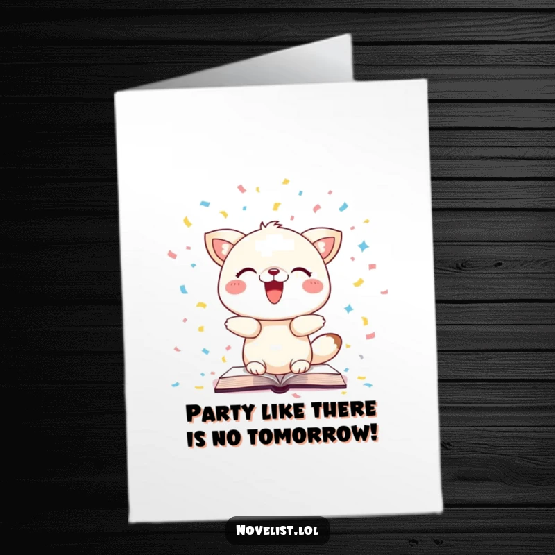 Funny Free Printable Birthday Card featuring a delighted animal scattering pages like confetti, spreading pure birthday cheer.