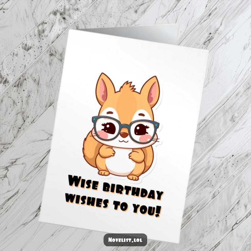 Funny Free Printable Birthday Card: Kawaii squirrel in reading glasses, inspired, thoughtful, bookish, downloadable birthday gift.