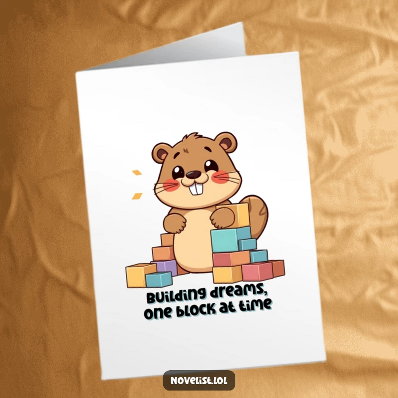 Funny Free Printable Birthday Card of a jovial beaver character happily building a story structure with colorful blocks.