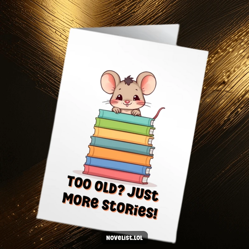 Funny Free Printable Birthday Card: Mischievous mouse peeking from a giant stack of colorful storybooks, ready for cake.