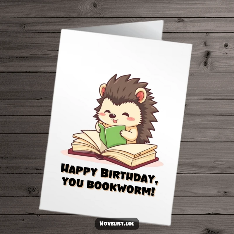 Funny Free Printable Birthday Card: Hedgehog organizing book pages, excited, precise, neatness, downloadable birthday gift.