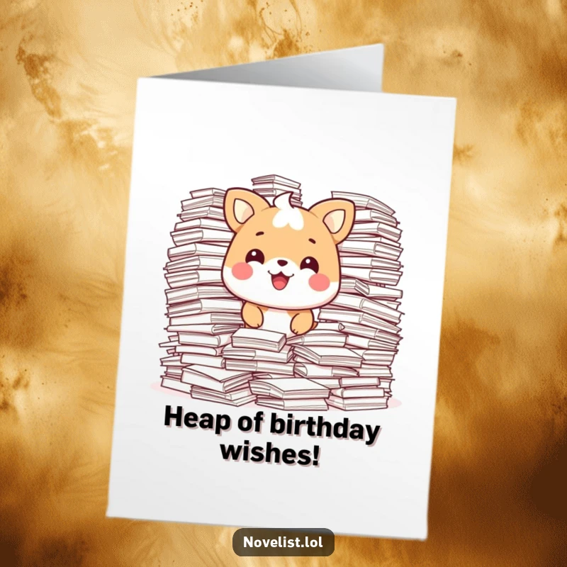 Funny Free Printable Birthday Card of a happy animal character pleased with overflowing stacks of paper surrounding them.