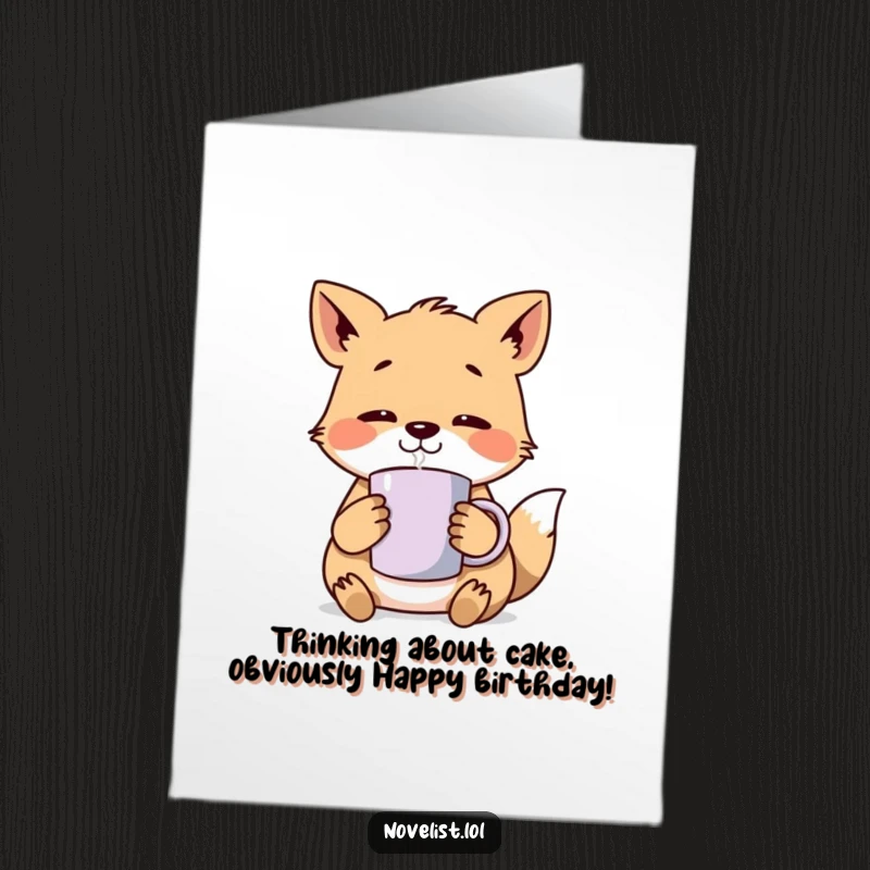 Funny Free Printable Birthday Card: An animal character holds a steaming mug, lost in deep, peaceful thought.