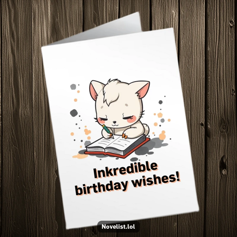 Funny Free Printable Birthday Card: Whimsical animal scribbling furiously in a notebook, surrounded by ink splotches.