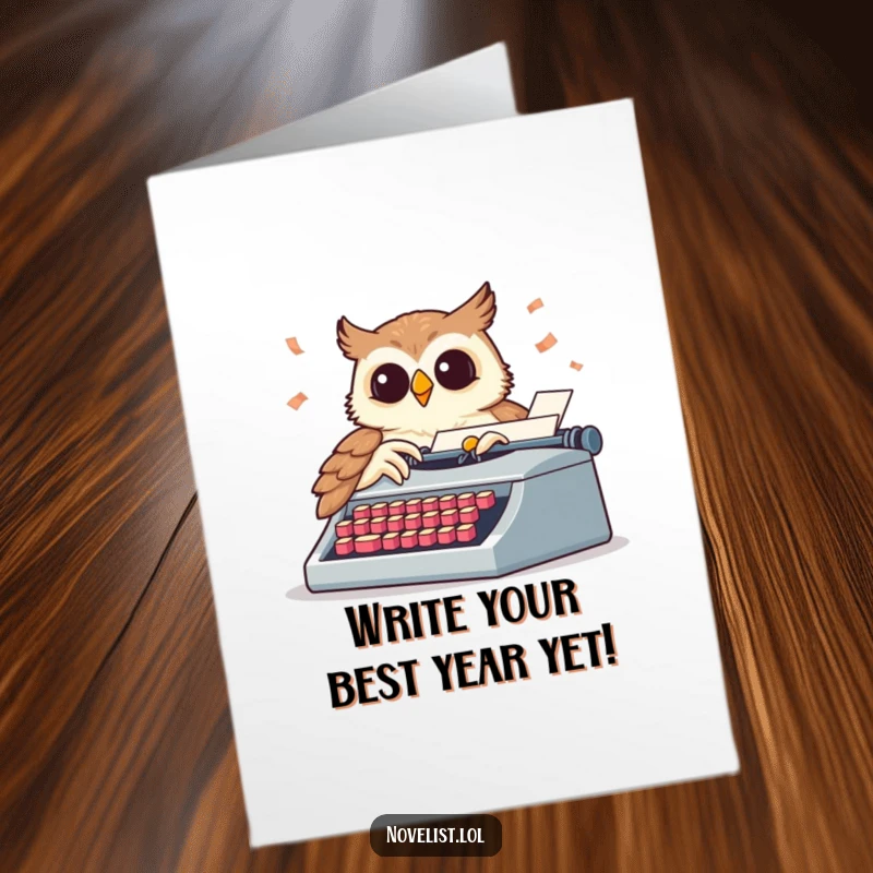 Funny Free Printable Birthday Card: Wise owl enthusiastically pecking at a typewriter, sending birthday wishes with flying keys.