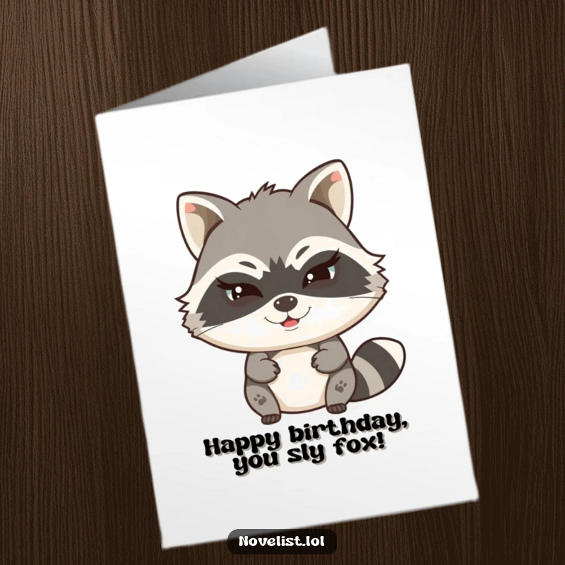 Funny Free Printable Birthday Card of a witty raccoon character typing a secret story with a mischievous wink.