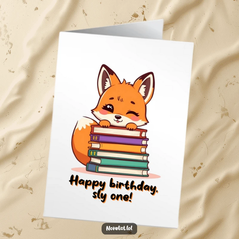 Funny Free Printable Birthday Card: A mischievous giggling fox peeking out from behind a tall pile of colorful books.