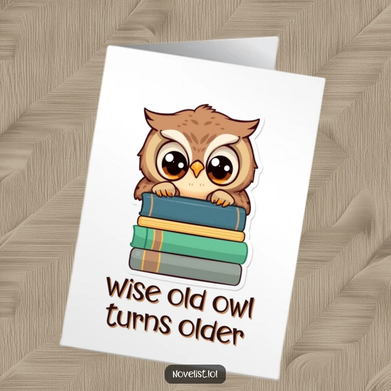 Funny free printable birthday card featuring a small owl with wide, wise eyes peeking over a stack of books.