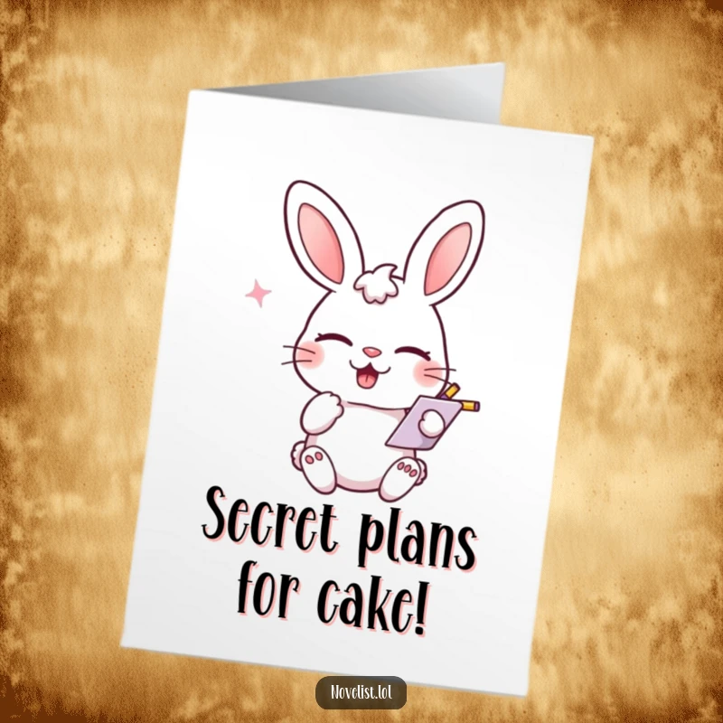 Funny free printable birthday card featuring a mischievous rabbit character winking and scribbling notes with a playful smirk.