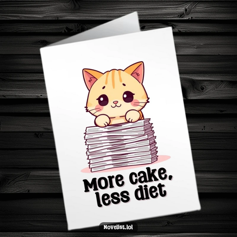 Funny Free Printable Birthday Card: Pudgy cat looking shocked at a huge stack of papers, perfect for a humorous greeting.