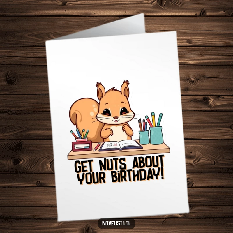Funny Free Printable Birthday Card: Diligent squirrel character meticulously arranging pens and pencils on a desk, ready for creative work.