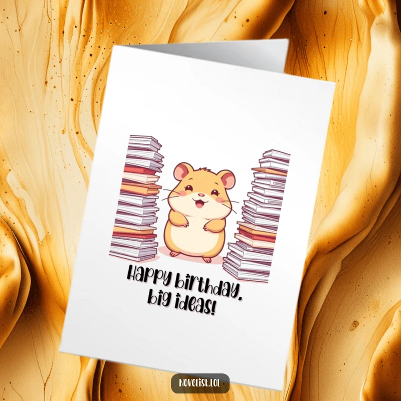 Funny Free Printable Birthday Card: A happy hamster sitting atop stacks of paper, looking inspired and ready to write.