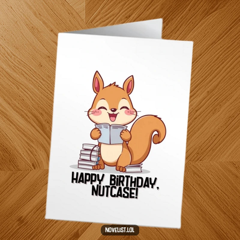 Funny free printable birthday card showing a happy squirrel enthusiastically organizing piles of papers with meticulous glee.