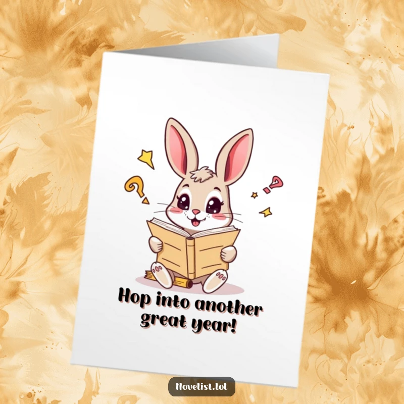 Funny Free Printable Birthday Card: Curious rabbit reading a giant manuscript, eyes sparkling with brilliant birthday ideas.