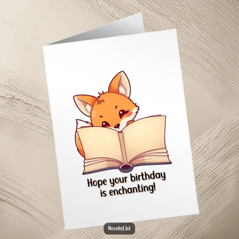 Funny Free Printable Birthday Card: Curious fox peeks from behind a large storybook, eyes wide with wonder.