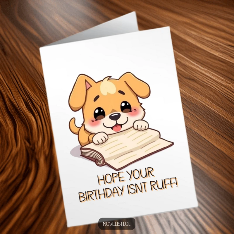 Funny Free Printable Birthday Card: Dog tripping over manuscript, surprised grin, oops moment, downloadable birthday gift.